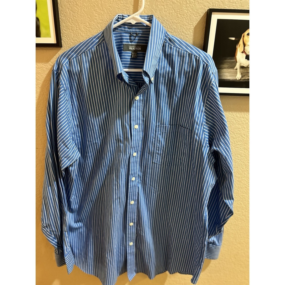 Kenneth Cole Reaction Mens Shirt Blue Pin Stripe Button-Down 16.5 34/35 Non Iron